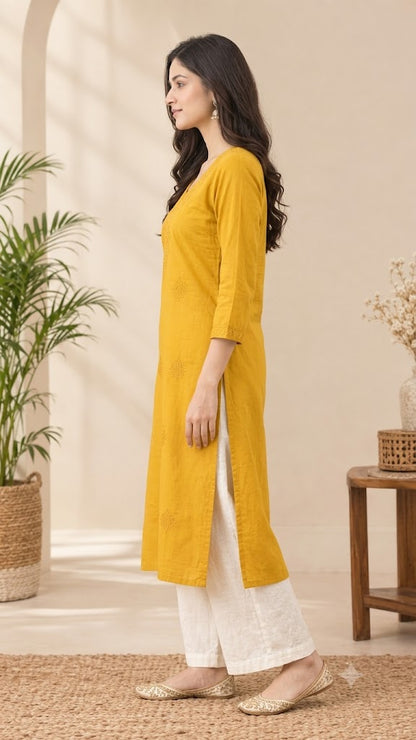 Women's Embroidered Long Cotton Kurti – Straight Fit