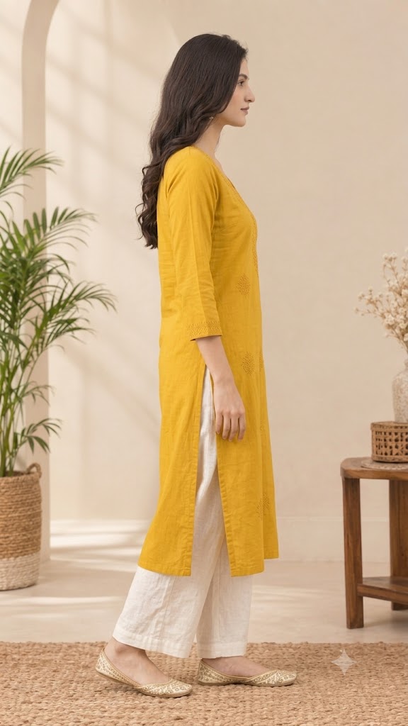 Women's Embroidered Long Cotton Kurti – Straight Fit