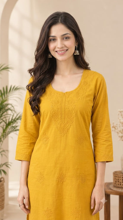 Women's Embroidered Long Cotton Kurti – Straight Fit