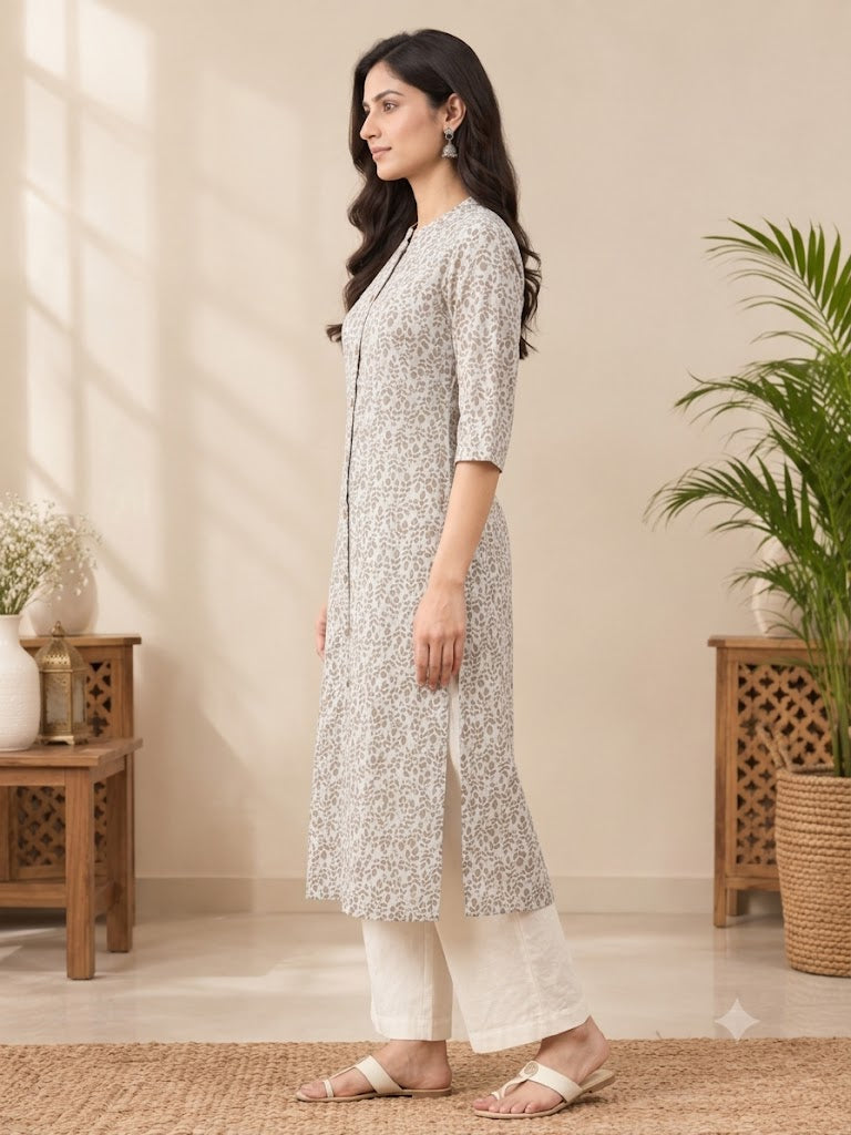 Cotton A-Line Kurti with Leaf Print