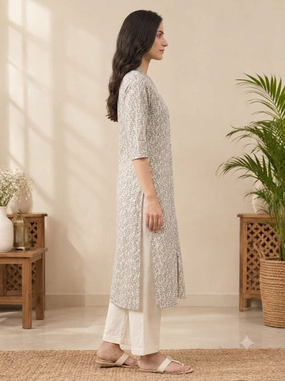 Cotton A-Line Kurti with Leaf Print