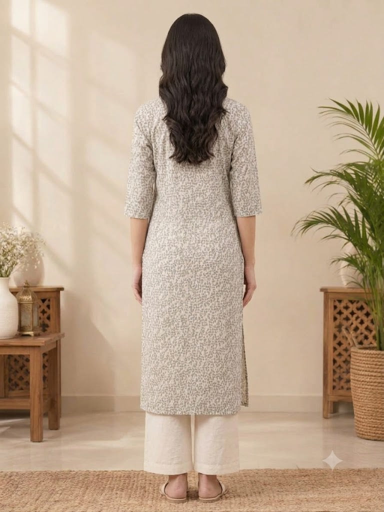 Cotton A-Line Kurti with Leaf Print