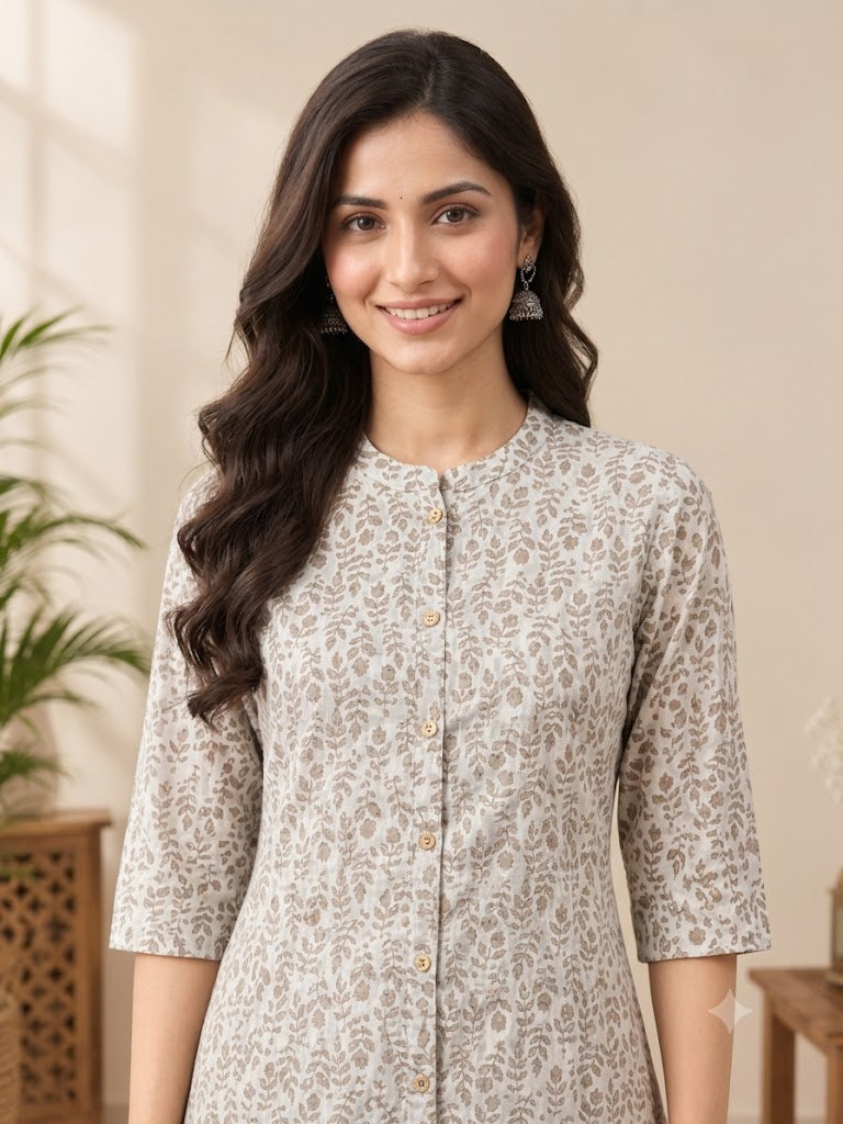 Cotton A-Line Kurti with Leaf Print
