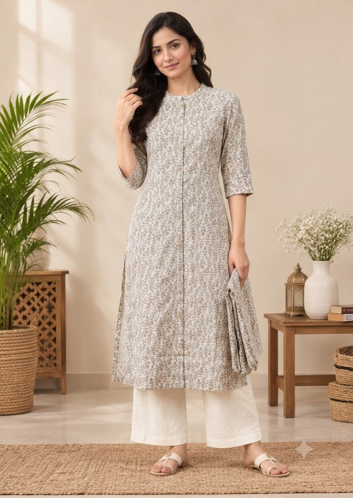 Cotton A-Line Kurti with Leaf Print
