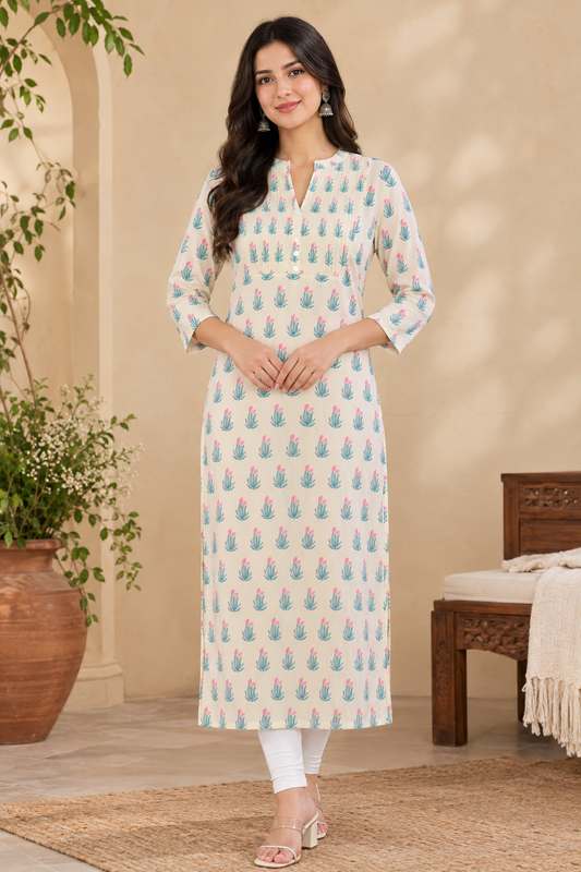 Women's Floral Print Cotton Straight Kurti