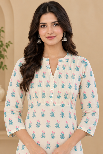 Women's Floral Print Cotton Straight Kurti