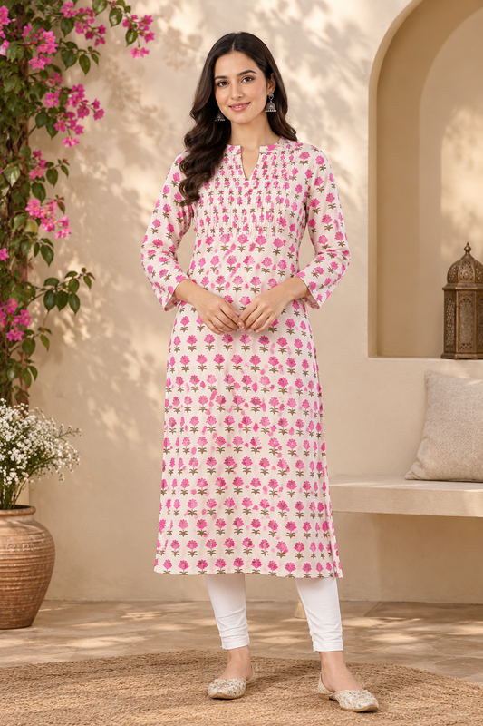 Pink Printed Cotton Long Kurti