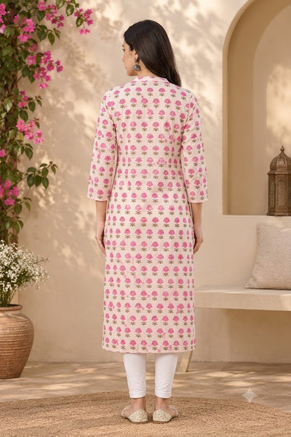 Pink Printed Cotton Long Kurti
