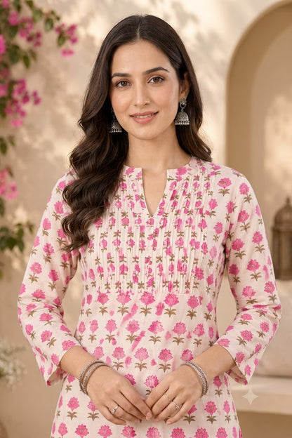 Pink Printed Cotton Long Kurti