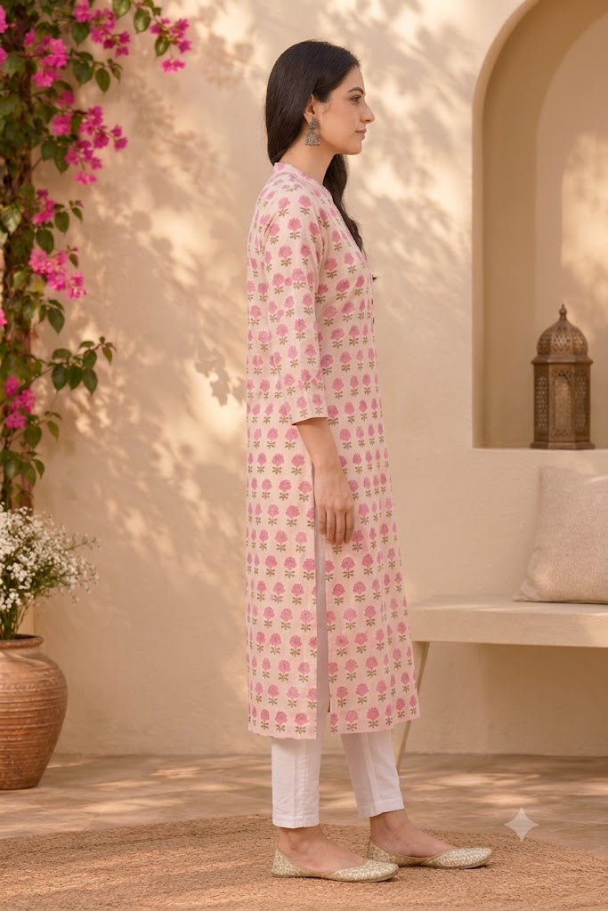 Pink Printed Cotton Long Kurti