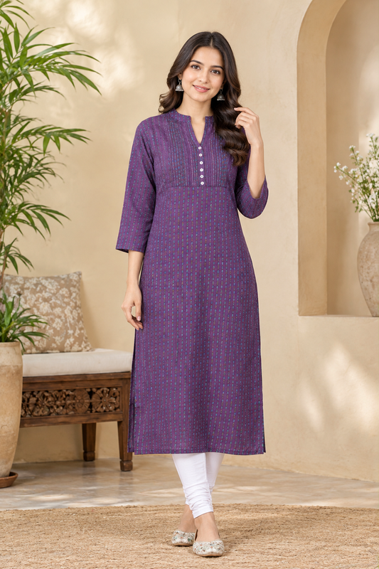 Purple Striped Cotton Straight Kurti