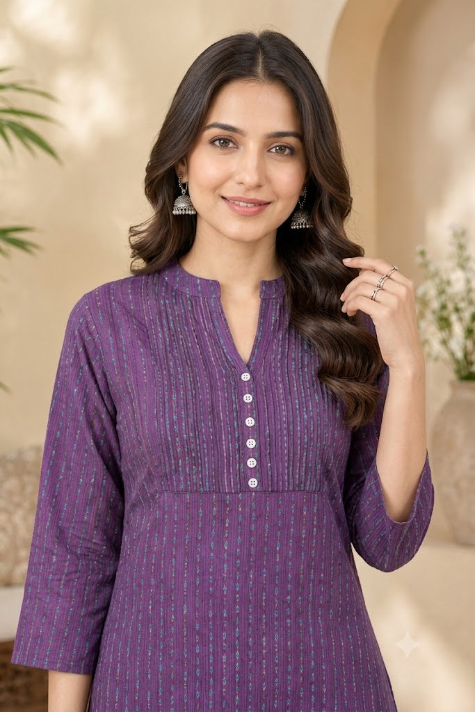Purple Striped Cotton Straight Kurti