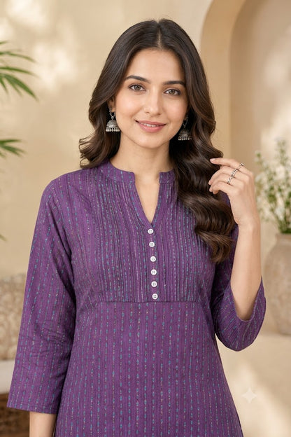 Purple Striped Cotton Straight Kurti