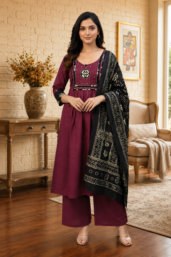 Wine Maroon Cotton Anarkali Suit Set with Printed Dupatta | Women's Ethnic Wear - Nakh Clothing
