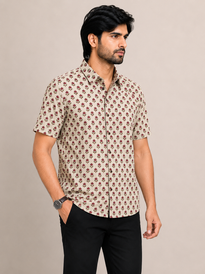 Men's Ecru Maroon Floral Booti Print Cotton Shirt – Short Sleeve