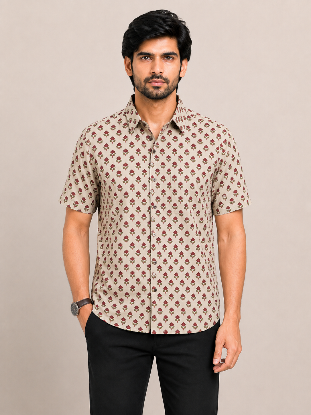 Men's Ecru Maroon Floral Booti Print Cotton Shirt – Short Sleeve