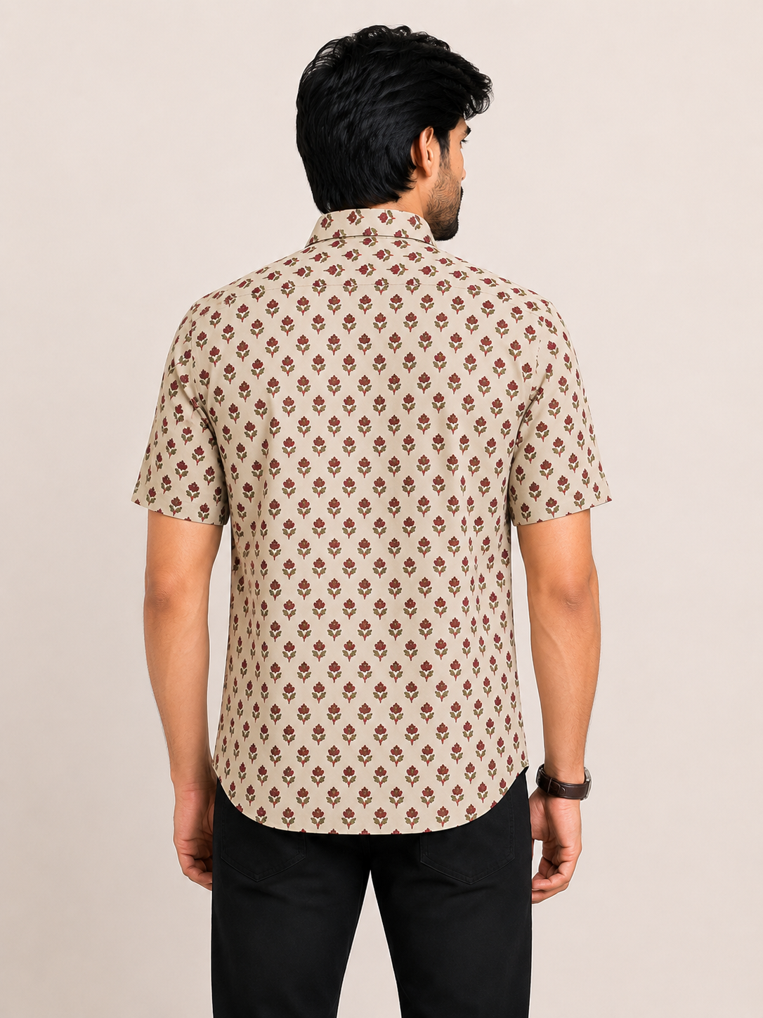 Men's Ecru Maroon Floral Booti Print Cotton Shirt – Short Sleeve