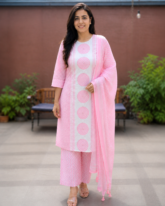 Baby Pink Mul Cotton 3 Piece Suit Set for Women with Handwork Dupatta & Palazzo Pants - Nakh Clothing