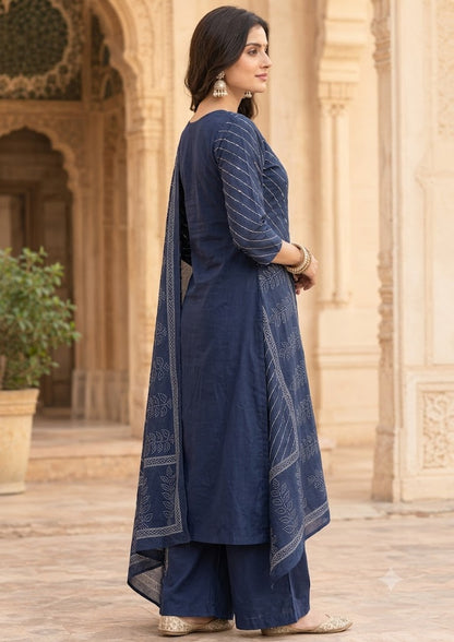 Blue Cotton A-Line Kurta Set with Palazzo & Printed Dupatta
