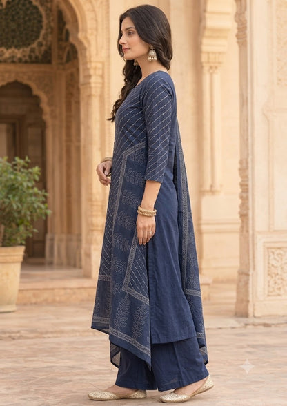 Blue Cotton A-Line Kurta Set with Palazzo & Printed Dupatta