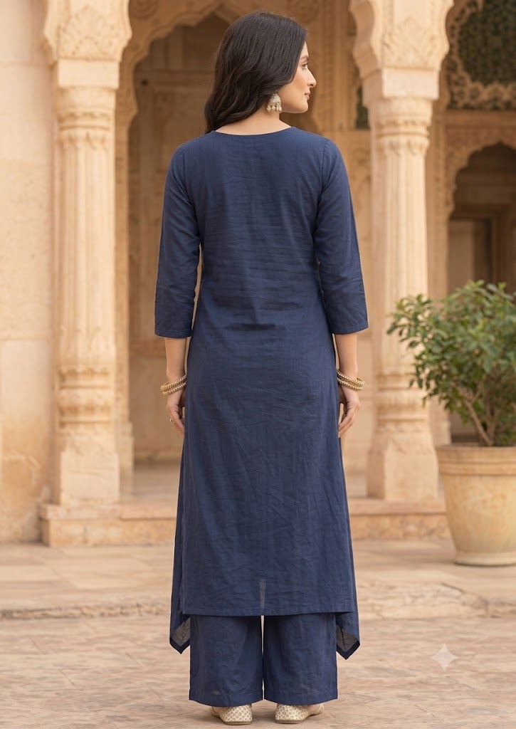 Blue Cotton A-Line Kurta Set with Palazzo & Printed Dupatta