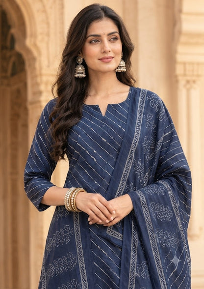 Blue Cotton A-Line Kurta Set with Palazzo & Printed Dupatta