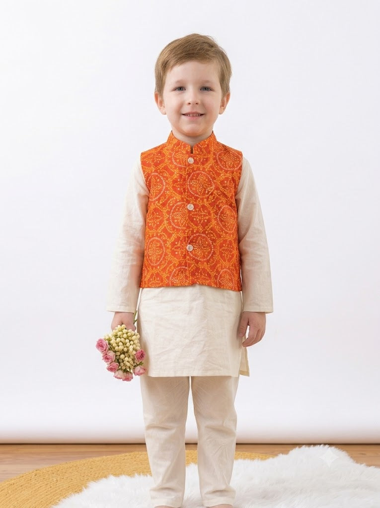 Boys Cotton Kurta Pyjama with Orange Bandhani Print Nehru Jacket – 3 Piece Ethnic Wear Set