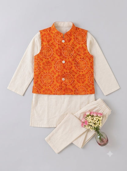 Boys Cotton Kurta Pyjama with Orange Bandhani Print Nehru Jacket – 3 Piece Ethnic Wear Set