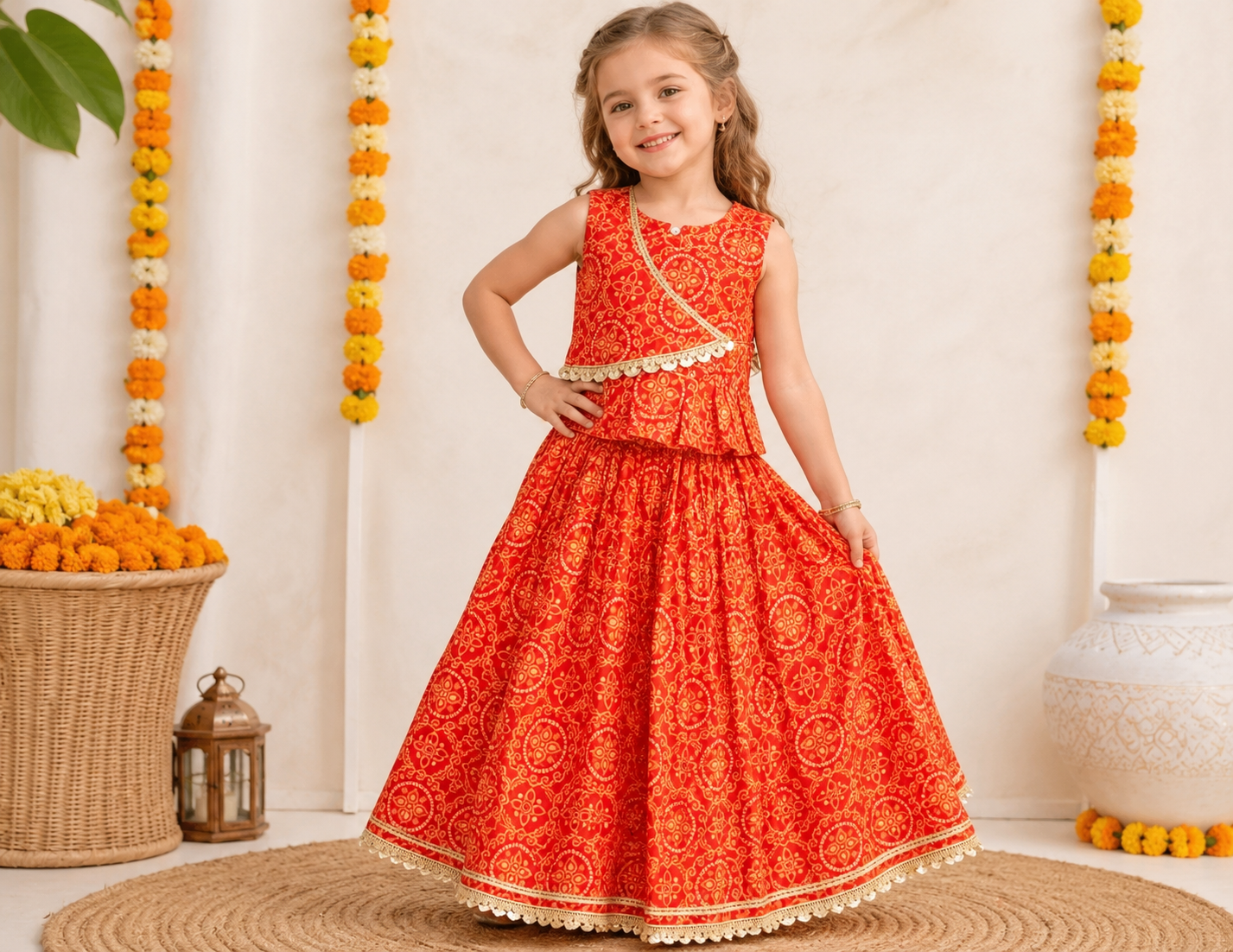 Girls Festive Ethnic Wear – Orange Cotton Lehenga Choli with Gold Lace Border"