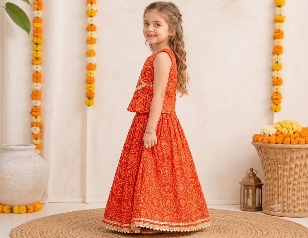 Girls Festive Ethnic Wear – Orange Cotton Lehenga Choli with Gold Lace Border"