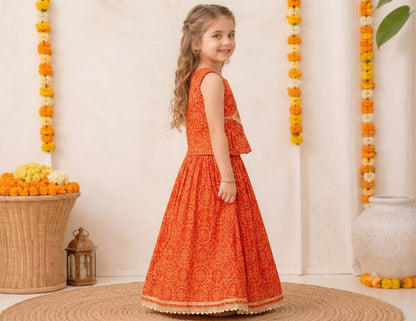 Girls Festive Ethnic Wear – Orange Cotton Lehenga Choli with Gold Lace Border"