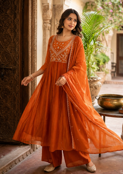 Rust Orange Mul Chanderi A-Line 3 Piece Suit Set – Heavy Zari Embroidered Kurti with Plazzo and Dupatta, Cotton Lining.