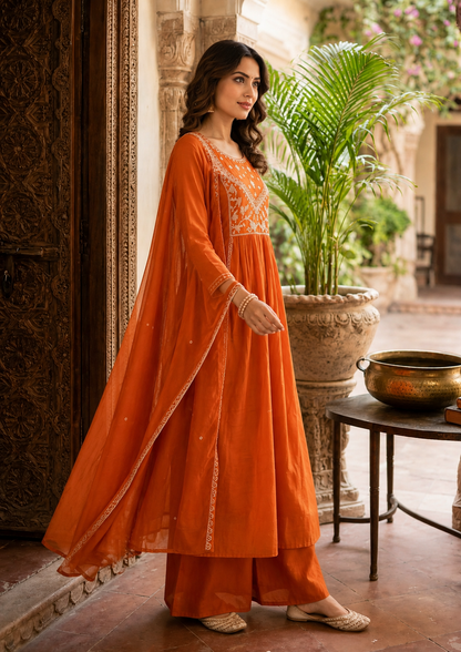 Rust Orange Mul Chanderi A-Line 3 Piece Suit Set – Heavy Zari Embroidered Kurti with Plazzo and Dupatta, Cotton Lining.