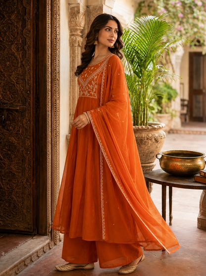 Rust Orange Mul Chanderi A-Line 3 Piece Suit Set – Heavy Zari Embroidered Kurti with Plazzo and Dupatta, Cotton Lining.