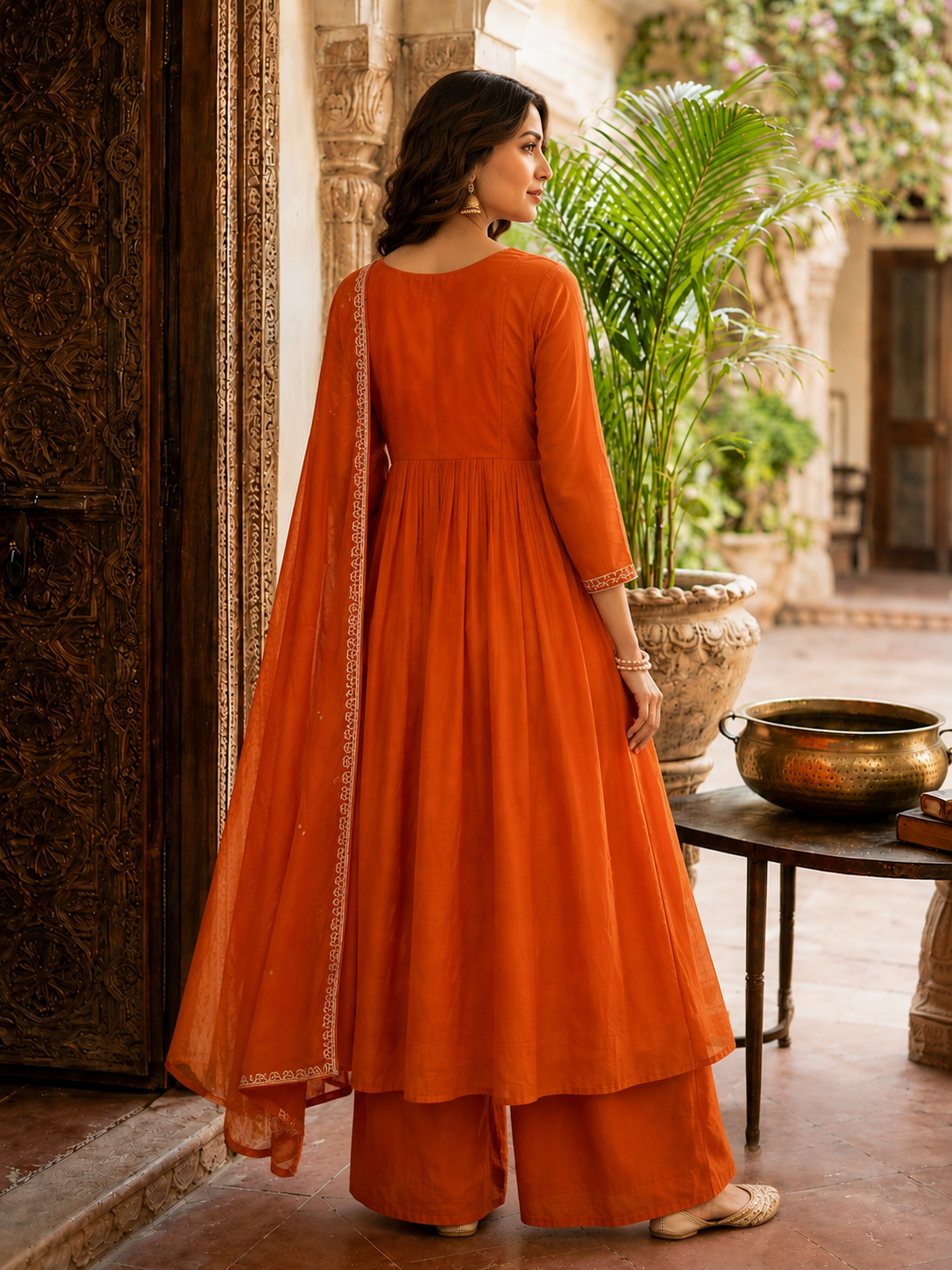 Rust Orange Mul Chanderi A-Line 3 Piece Suit Set – Heavy Zari Embroidered Kurti with Plazzo and Dupatta, Cotton Lining.