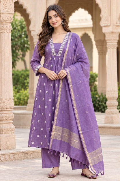 Purple Mul Chanderi Embroidered A-Line Kurta Set with Cotton Lining, Palazzo & Dupatta