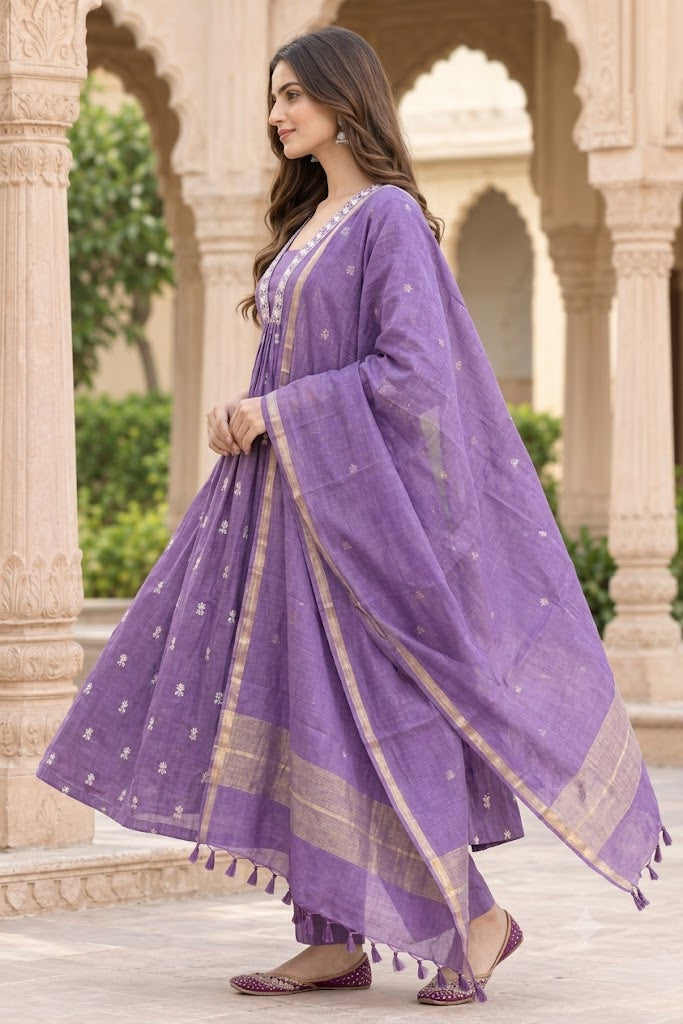 Purple Mul Chanderi Embroidered A-Line Kurta Set with Cotton Lining, Palazzo & Dupatta
