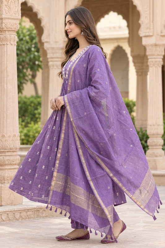 Purple Mul Chanderi Embroidered A-Line Kurta Set with Cotton Lining, Palazzo & Dupatta