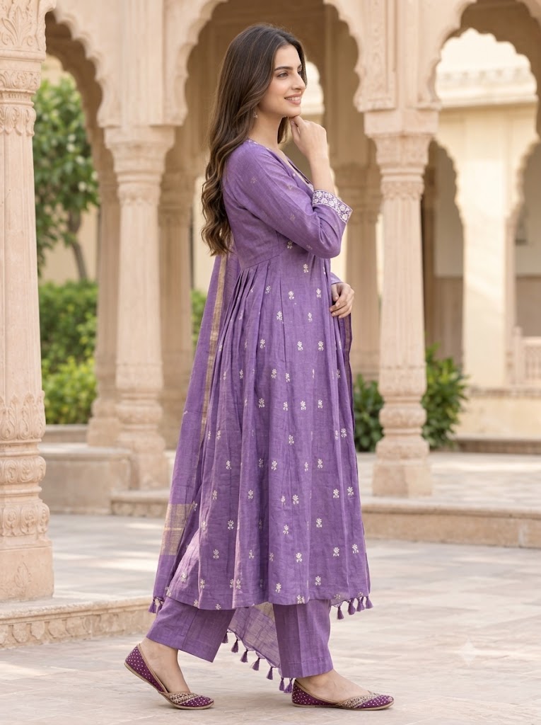 Purple Mul Chanderi Embroidered A-Line Kurta Set with Cotton Lining, Palazzo & Dupatta