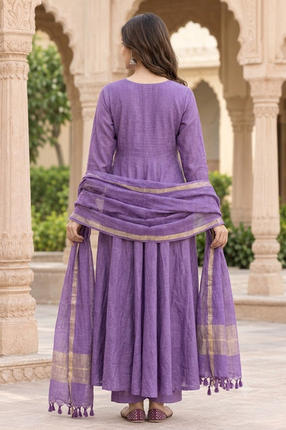 Purple Mul Chanderi Embroidered A-Line Kurta Set with Cotton Lining, Palazzo & Dupatta
