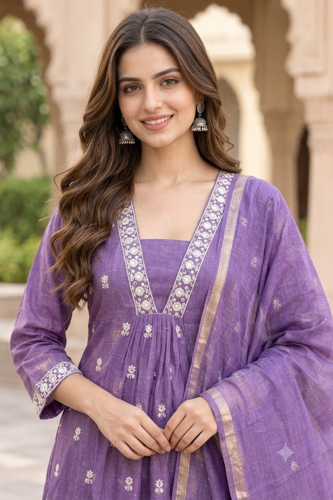 Purple Mul Chanderi Embroidered A-Line Kurta Set with Cotton Lining, Palazzo & Dupatta