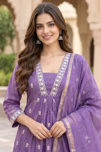 Purple Mul Chanderi Embroidered A-Line Kurta Set with Cotton Lining, Palazzo & Dupatta