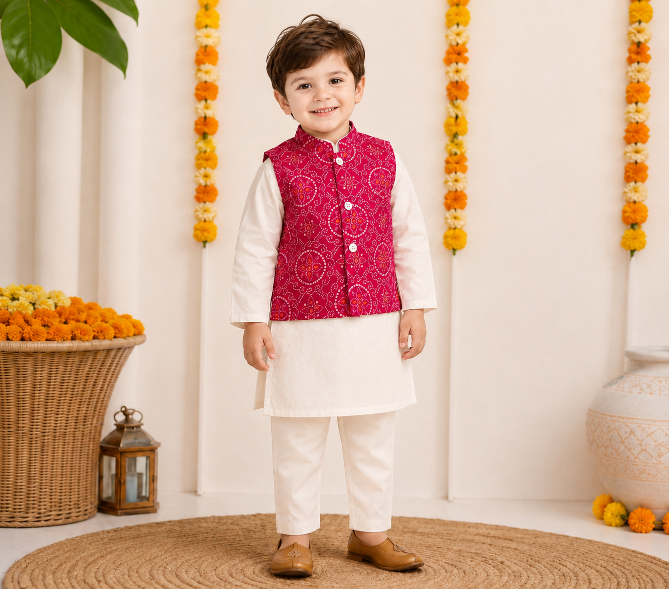Boys Cotton Kurta Pyjama Set with Pink Bandhani Print Nehru Jacket – Festive Ethnic Wear