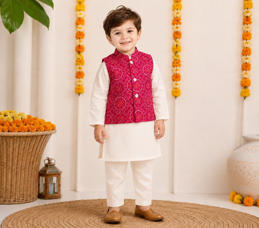 Boys Cotton Kurta Pyjama Set with Pink Bandhani Print Nehru Jacket – Festive Ethnic Wear