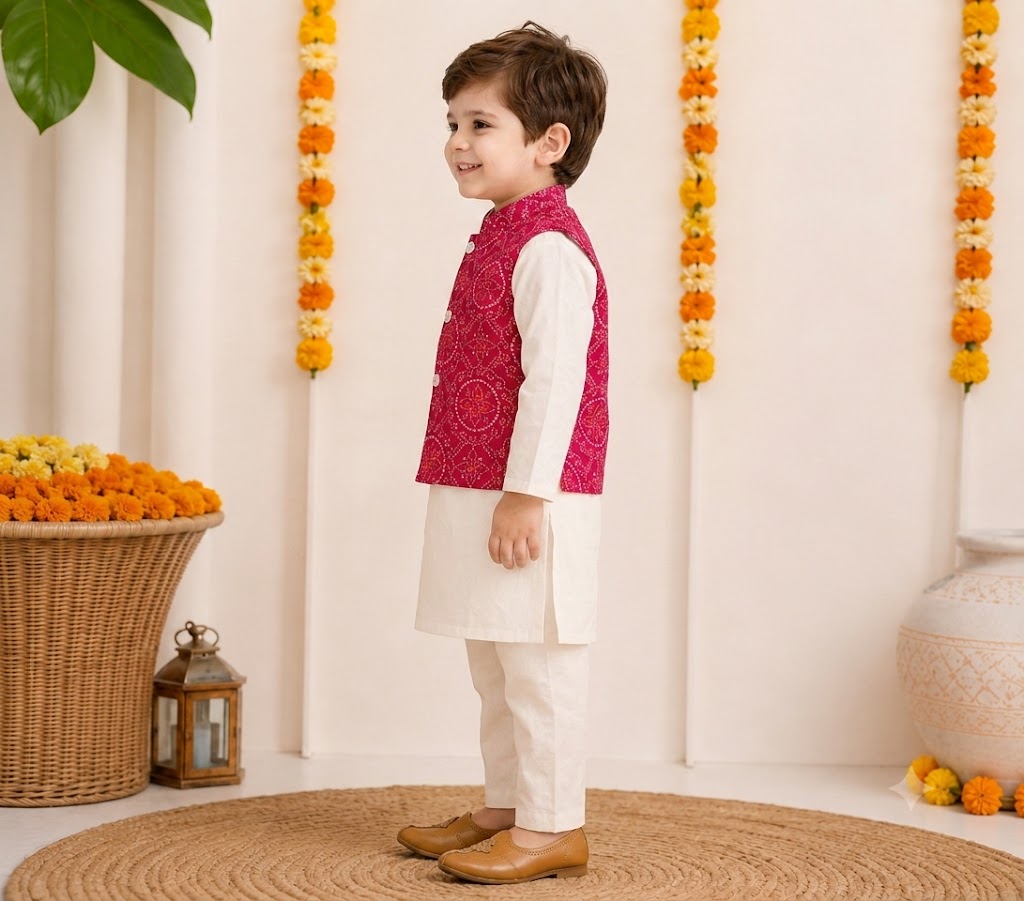 Boys Cotton Kurta Pyjama Set with Pink Bandhani Print Nehru Jacket – Festive Ethnic Wear
