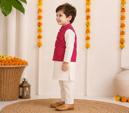 Boys Cotton Kurta Pyjama Set with Pink Bandhani Print Nehru Jacket – Festive Ethnic Wear