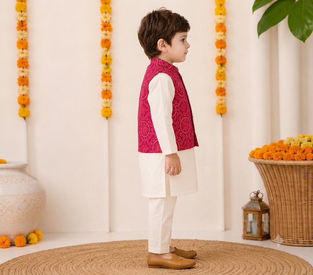 Boys Cotton Kurta Pyjama Set with Pink Bandhani Print Nehru Jacket – Festive Ethnic Wear