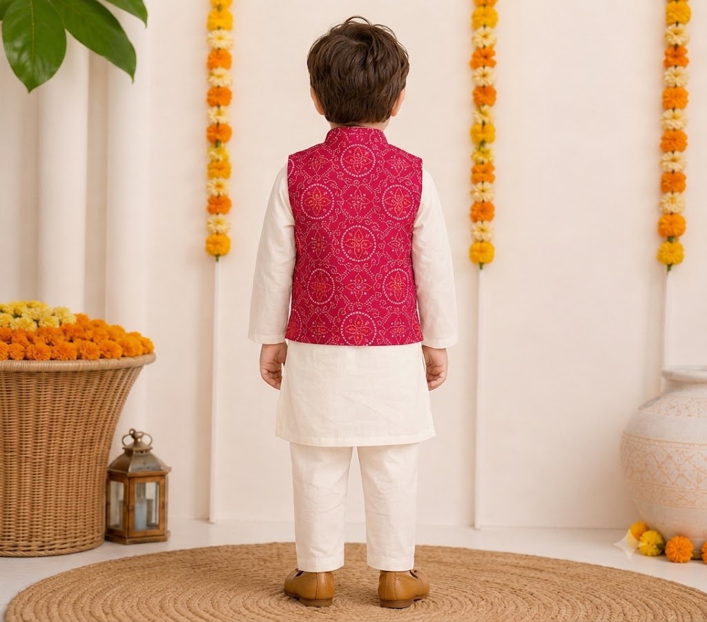 Boys Cotton Kurta Pyjama Set with Pink Bandhani Print Nehru Jacket – Festive Ethnic Wear