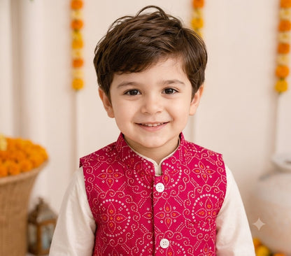 Boys Cotton Kurta Pyjama Set with Pink Bandhani Print Nehru Jacket – Festive Ethnic Wear