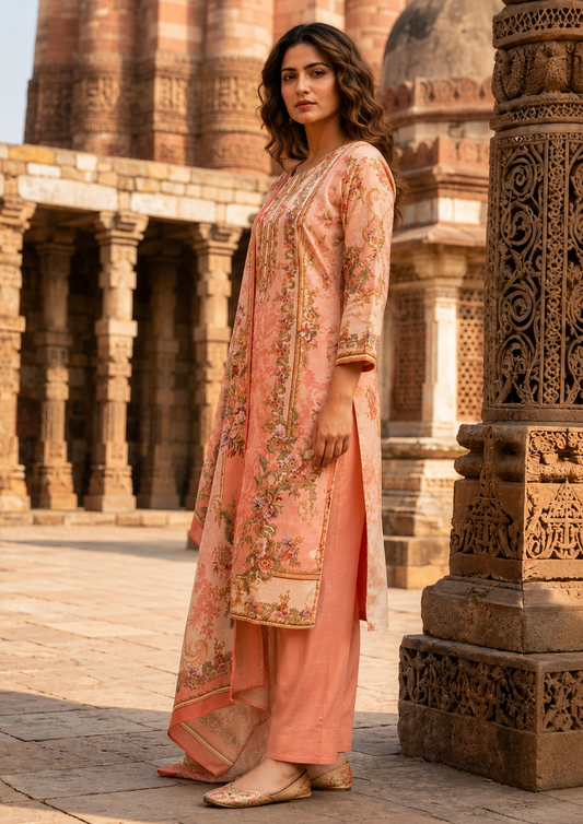 Peach Floral Printed Mul Cotton Suit Set with Dupatta for Women | Mirror Work Ethnic Wear
